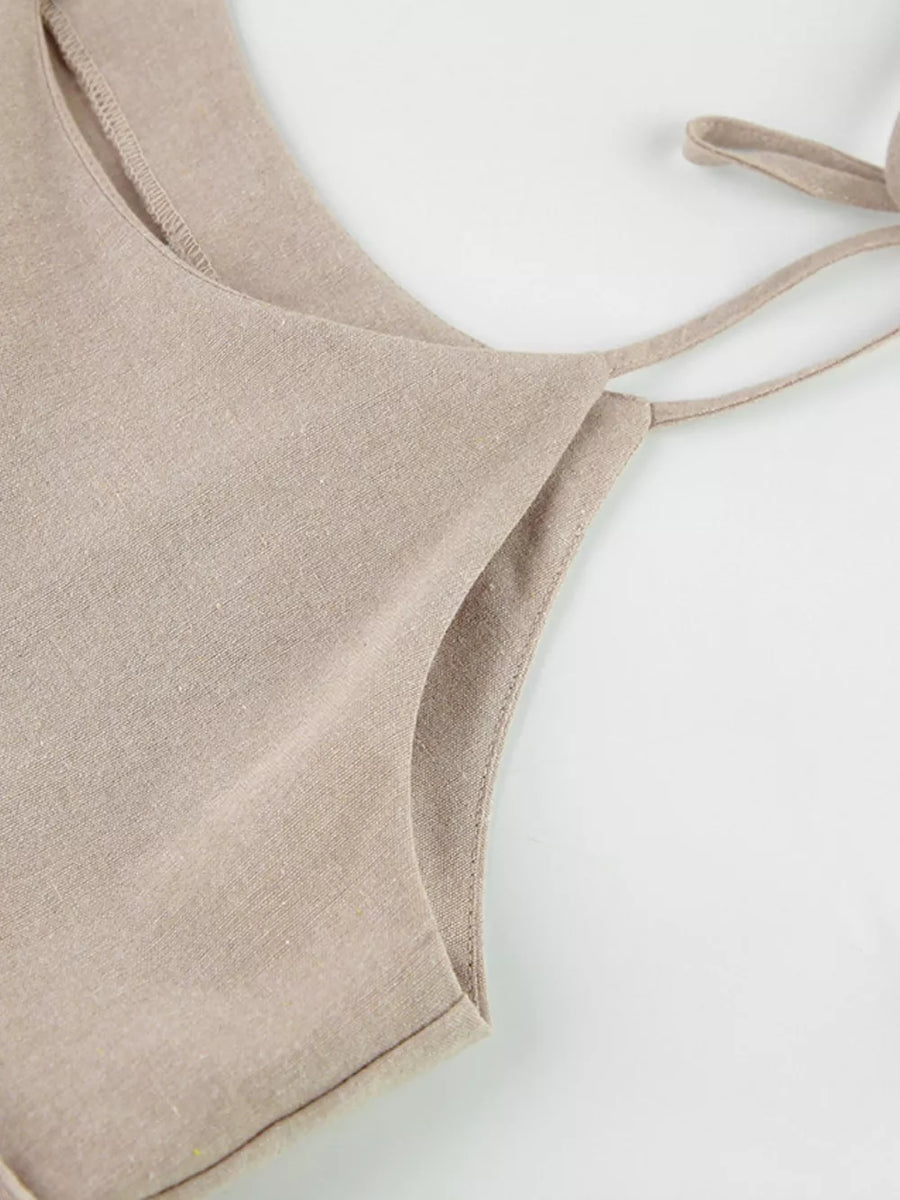 light beige fit-and-flare mini dress with square neck