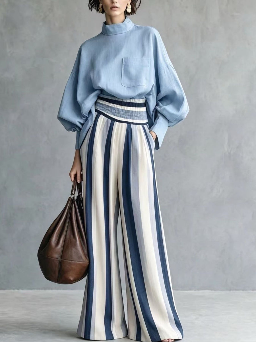 Light Blue blouse and wide-leg pants set with hip-length, full-length and pullover, elastic
