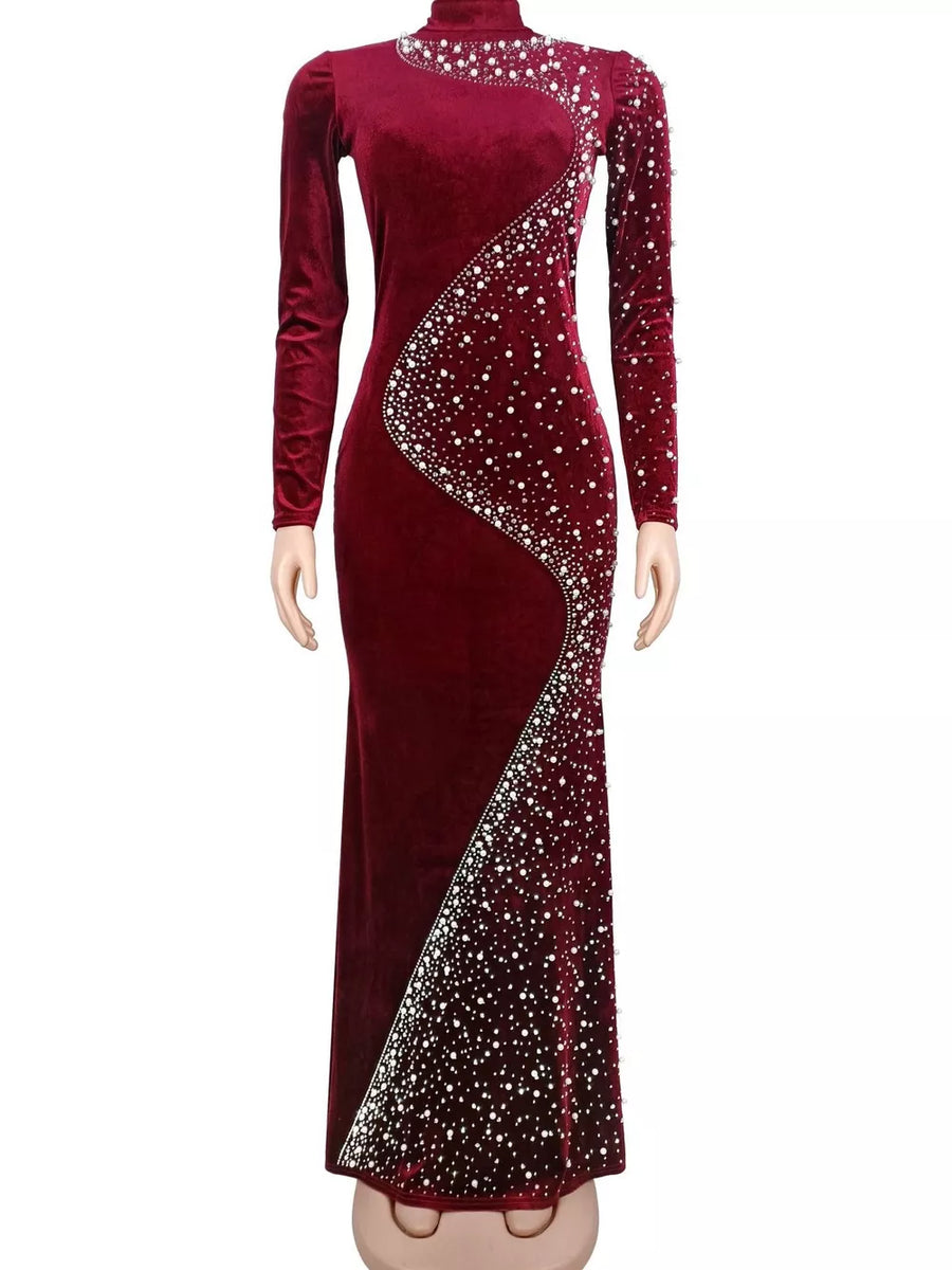 formal gown in Black with rhinestone and floor-length