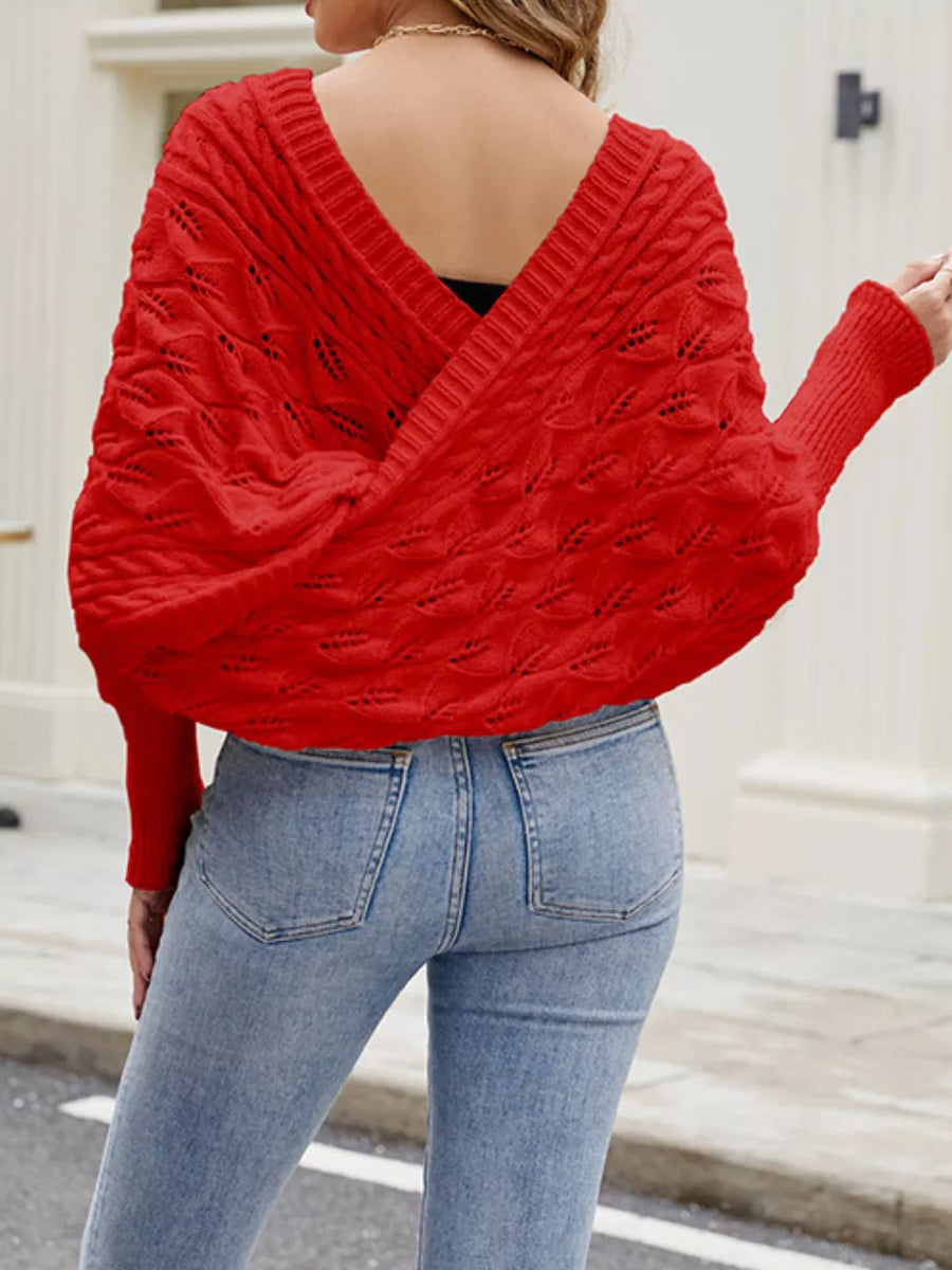 Red Cable Knit Batwing Sleeve Sweater