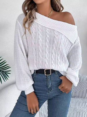 white pullover sweater with cable knit and one-shoulder