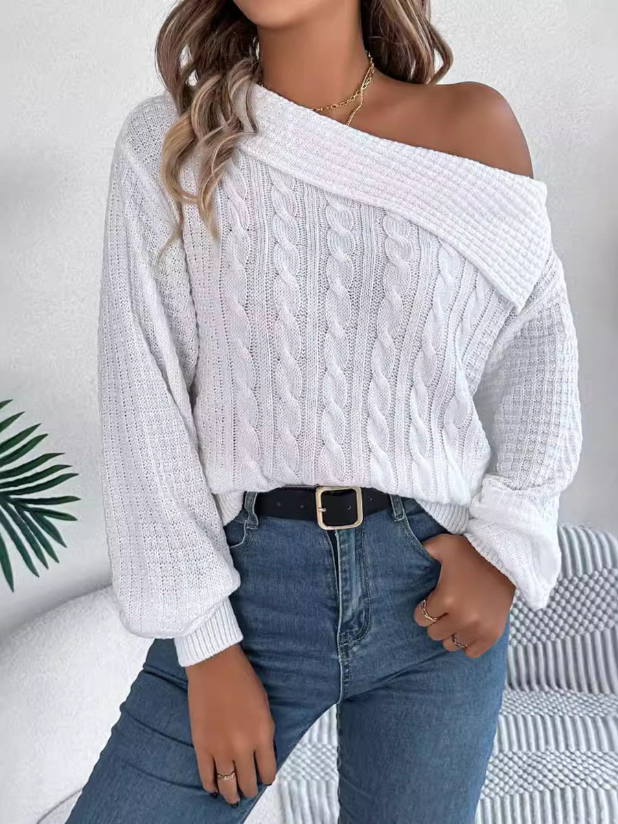white pullover sweater with cable knit and one-shoulder