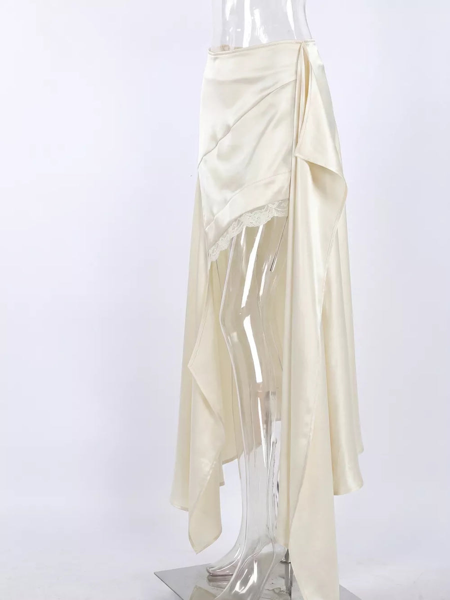 Satin High-low Lace Trim Skirt in Apricot with lace detail