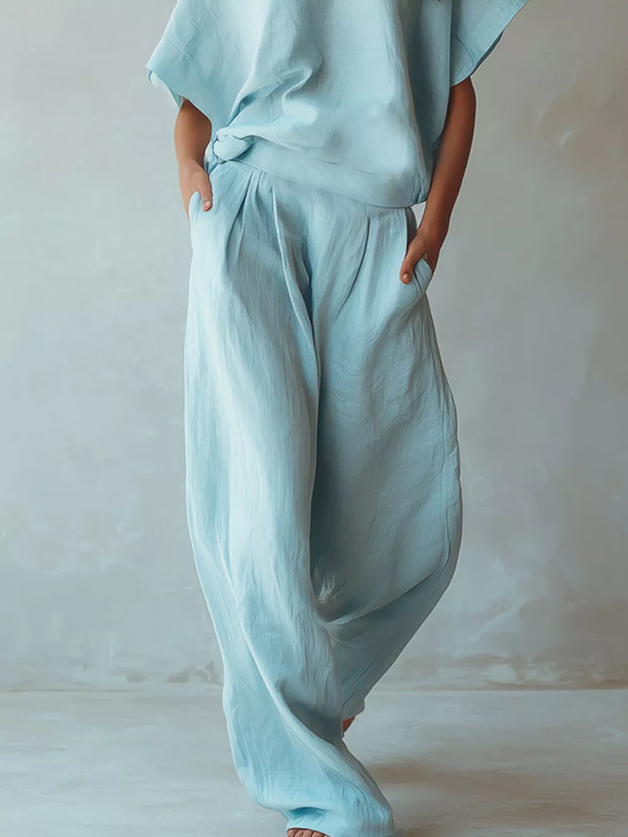 modern two-piece set in Pastel Blue with boat neck