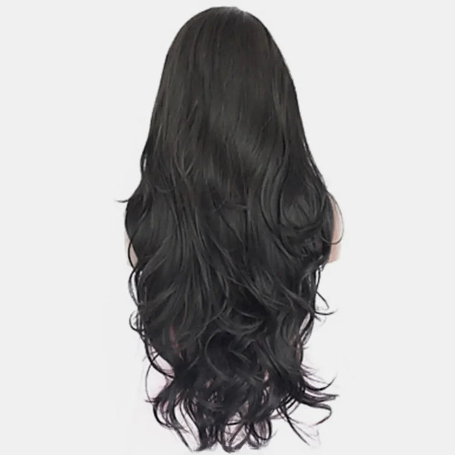 Black lace front wig with voluminous, cascading waves and a natural-looking finish.