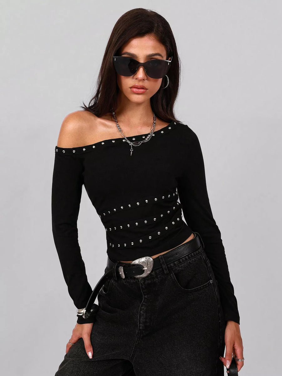 Black one shoulder t-shirt with silver stud detailing and long sleeves.