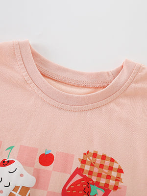 Toddler pink cotton graphic tee with ice cream and strawberry print.