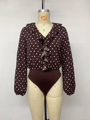 Polka Dot Ruffled V-neck Bodysuit in Coffee Brown with ruffled