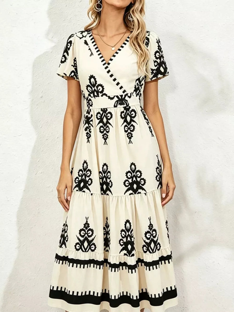Printed Surplice Short Sleeve Dress in Ivory