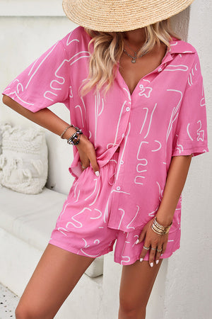 Pink abstract print resort shirt & short set with button-down detail