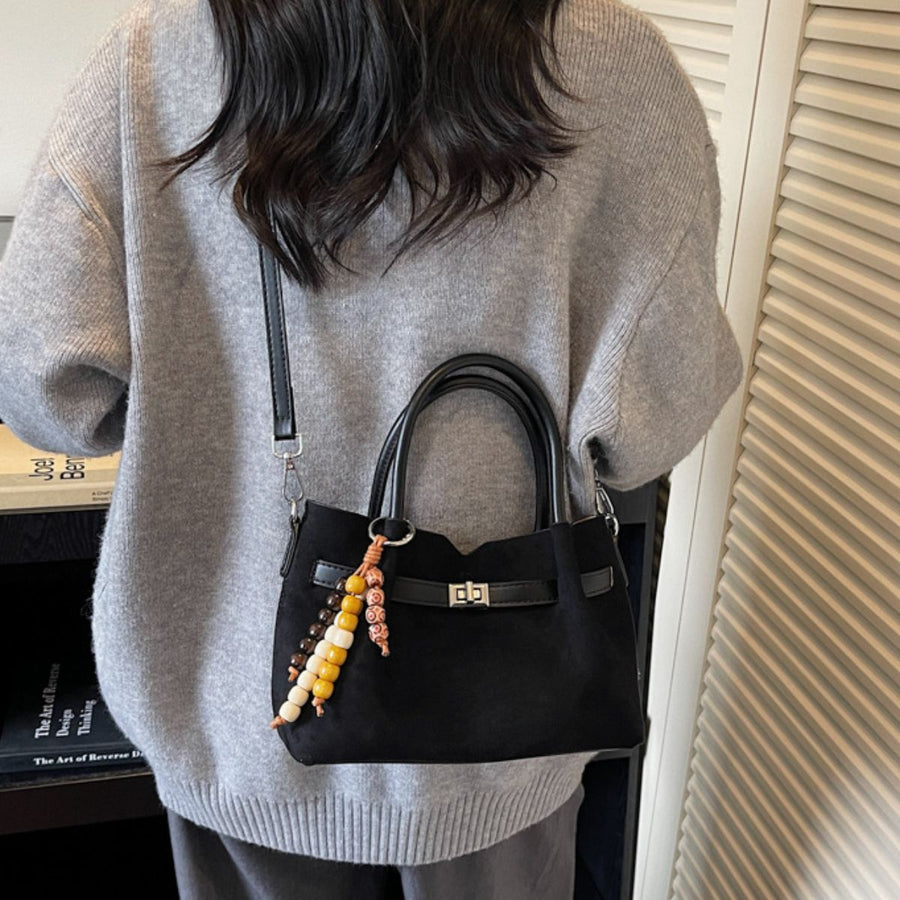 Decorative Lock Suede Handbag Tote Bag in black with top handles