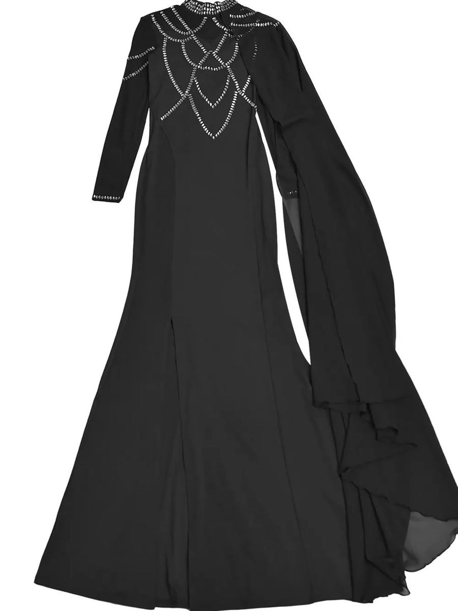 black maxi dress with rhinestone and long sleeve