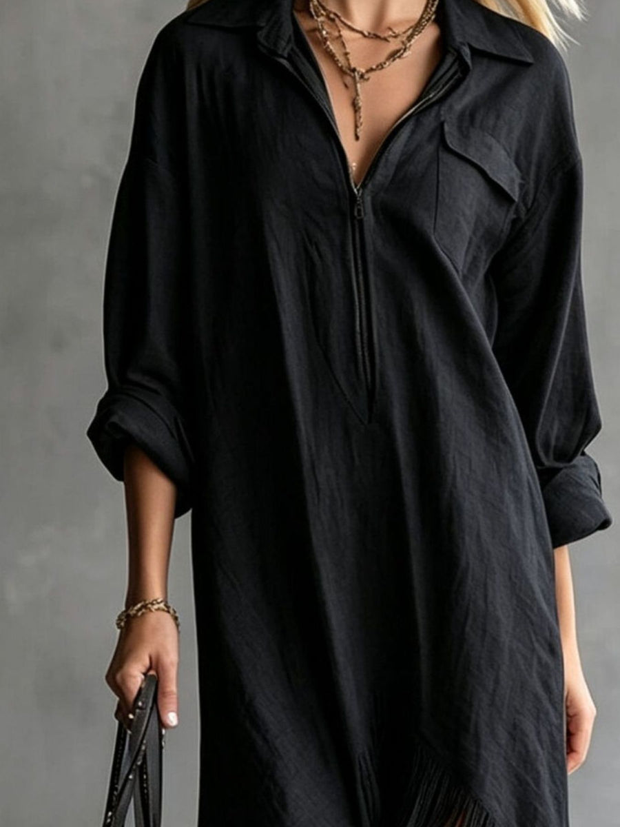 Zipper-Front Fringe Hem Midi Dress in White with pocketed