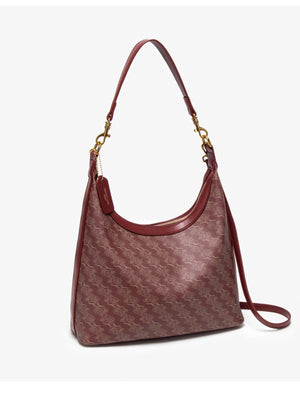 Printed PU Leather Shoulder Bag in Wine Red with adjustable strap