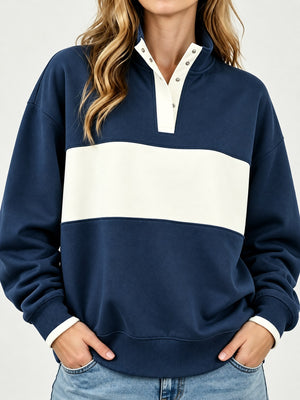 Full Size Color Block Snap-Button Sweatshirt Plus Size in Black