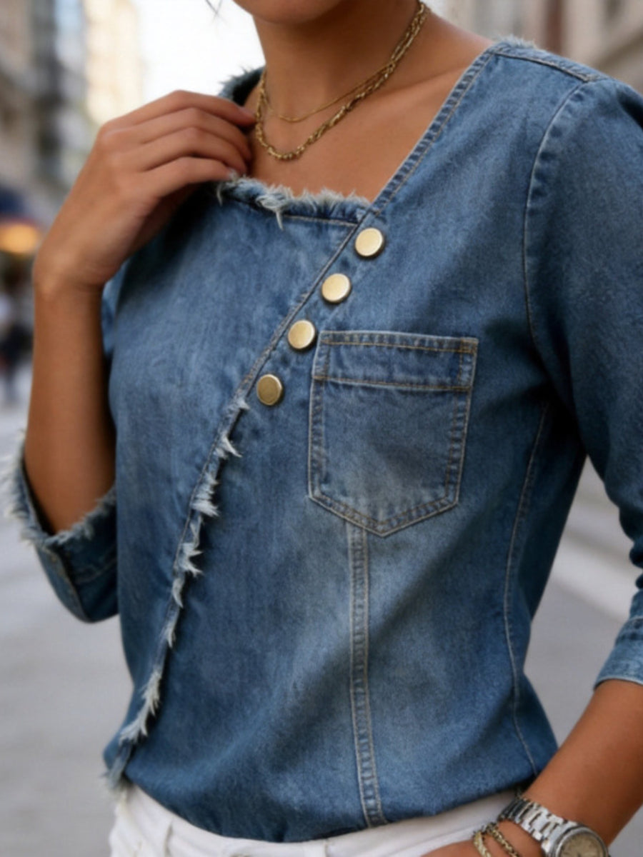 Navy Blue blouse with hip-length and half-button