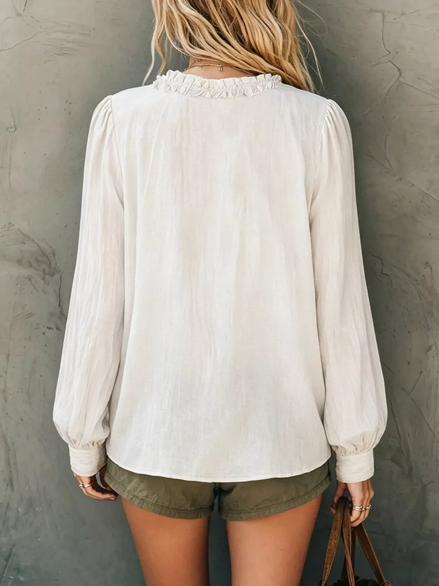 Light Blue Frill V-neck Long Sleeve Blouse
