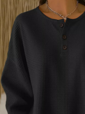 Red Full Size Waffle Knit Button Detail Top Plus Size