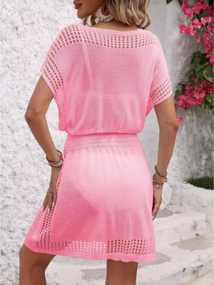 Pink perforated knit V-neck cover-up dress with short sleeves and elastic waist