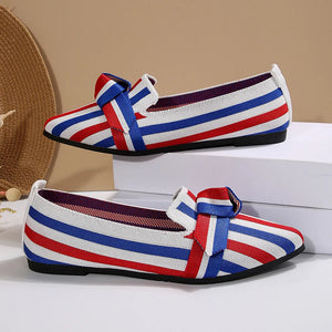 Knot Detail Knit Flats in Stripe pattern with red, white, and blue stripes.