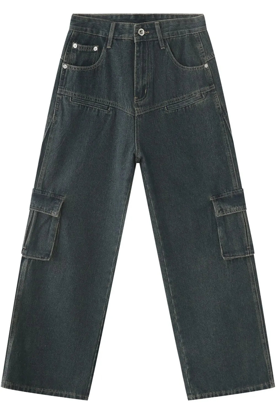 Dark wash denim cargo pants with paneling and utility pockets.