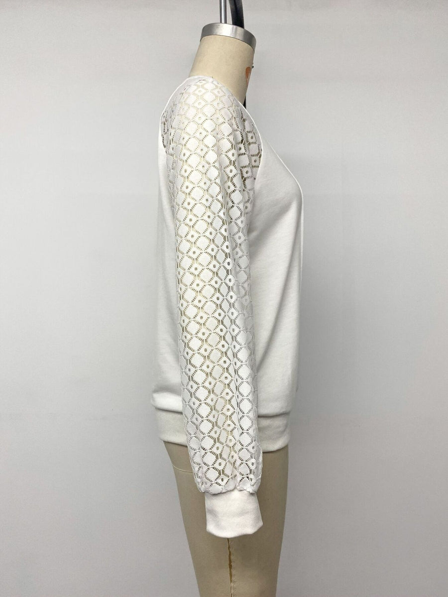 Lace Raglan Sleeve Sweatshirt in White with openwork