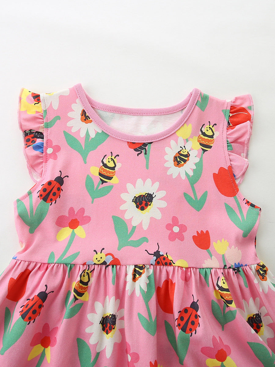 Toddler pink cotton dress with ruffle sleeves and a playful ladybug and bee floral print.