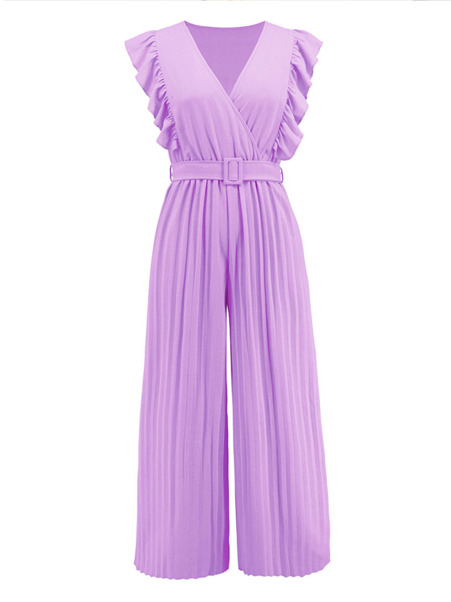 Pink purple pleated ruffle wrap jumpsuit with belt