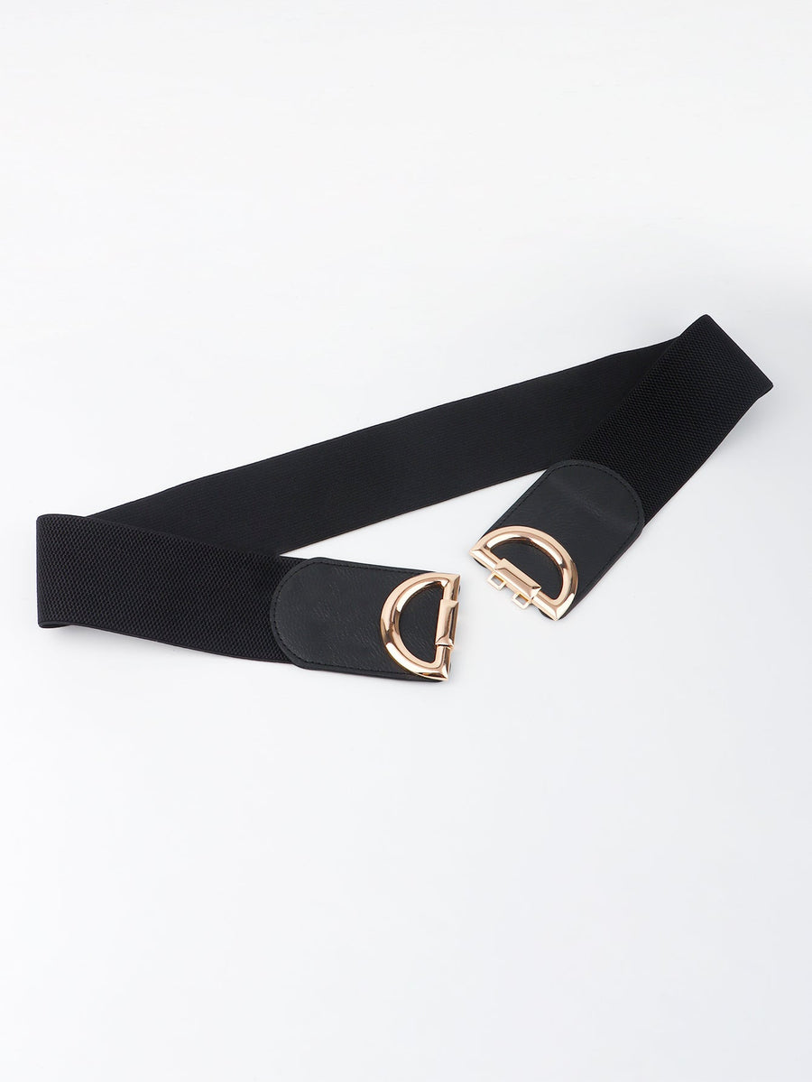Black elastic belt with double D gold buckle detail