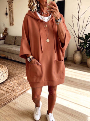 White hoodie dress with pocketed and elbow sleeve