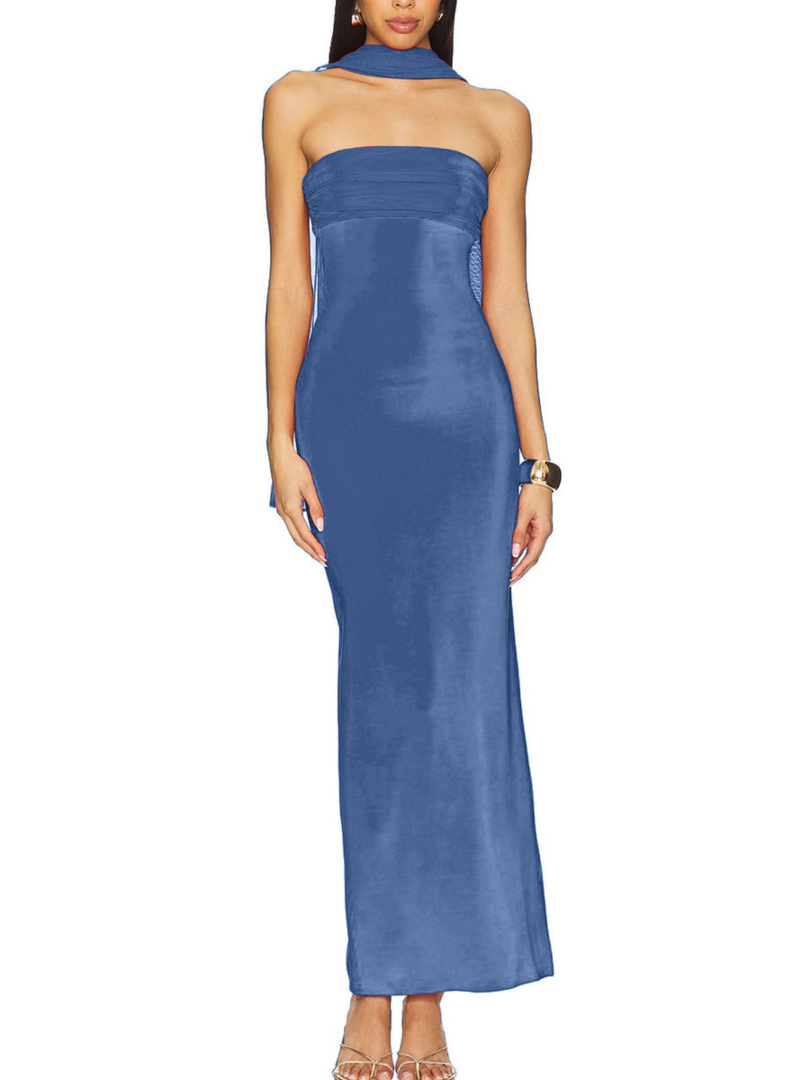 Dusty blue ruched strapless maxi dress with a matching scarf detail.