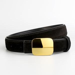 Black suede leather belt with gold square buckle accent