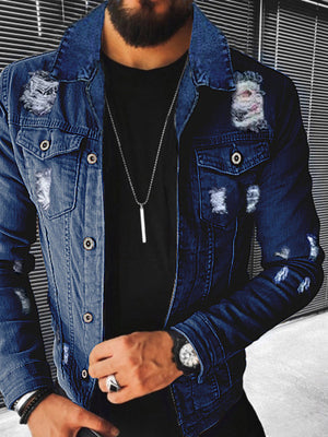 white denim jacket featuring distressed and stars and stripes