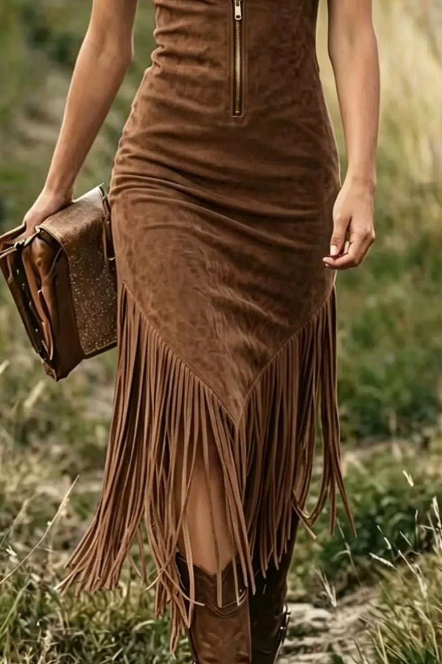 Coffee brown midi dress with zipper and fringe detail