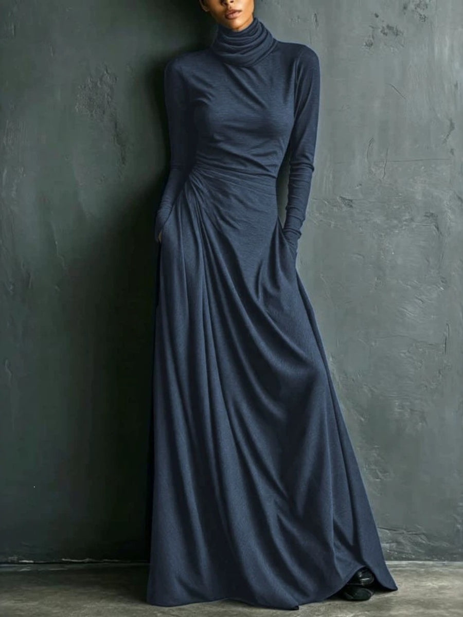 modern maxi dress in charcoal with turtleneck