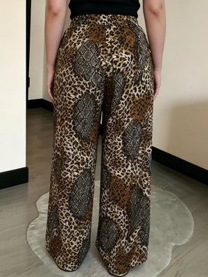 wide-leg pants featuring leopard-print in charcoal with 100% polyester Care instructions: Machine wash cold texture