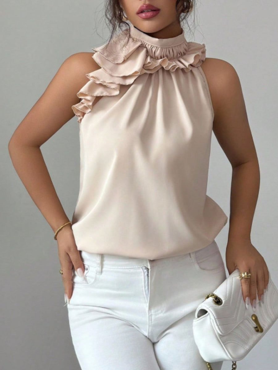Ruffled high neck sleeveless top in Red