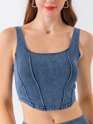 Denim corset crop top with square neckline and seamed details in Dusty Blue.