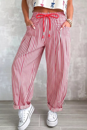 wide-leg pants in crimson red featuring drawstring waist and loose fit