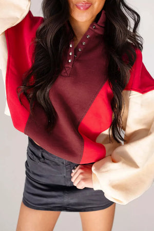 Burgundy sweatshirt with hip-length and snap