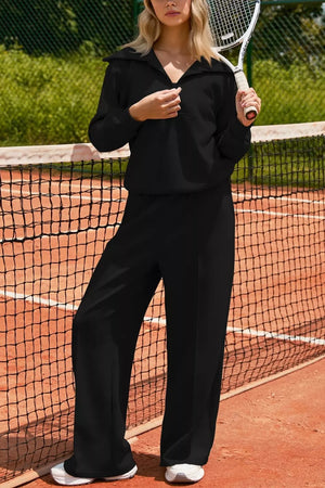 50% polyester, 45% viscose, 5% elastane Care instructions: Machine wash cold sweatshirt and sweatpants set in black with