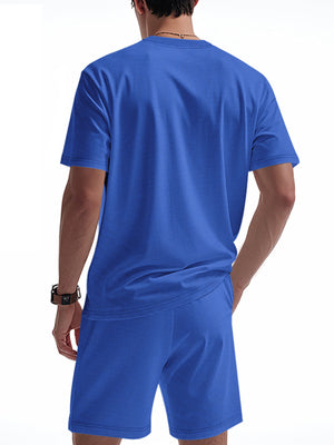Blue casual shorts and t-shirt set for men, textured fabric, drawstring shorts.