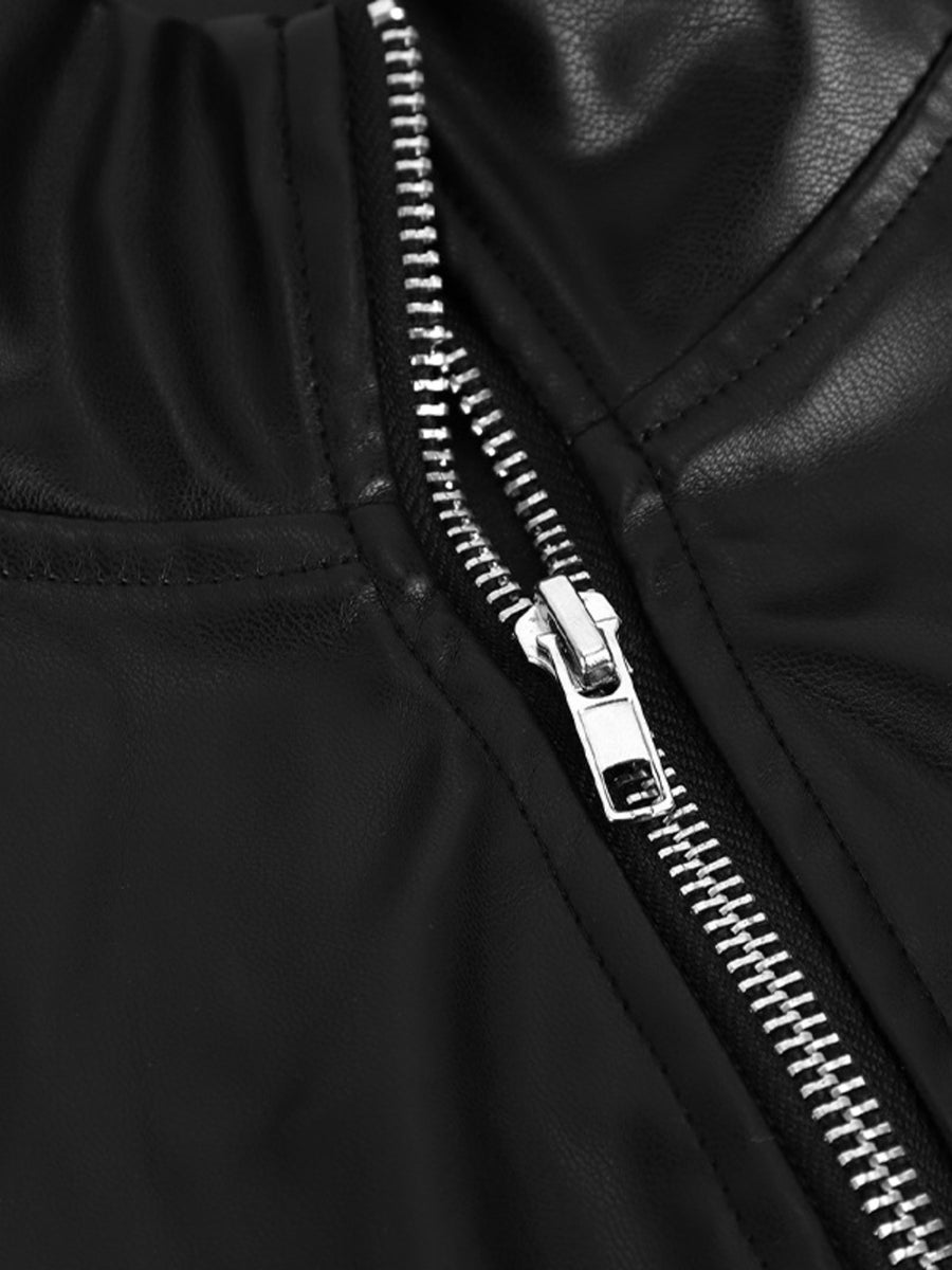 Black faux leather zip-up jacket with silver zipper detail