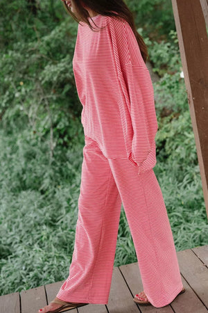 Dusty Pink with Striped Drop Shoulder Long Sleeve Top And Pants Set