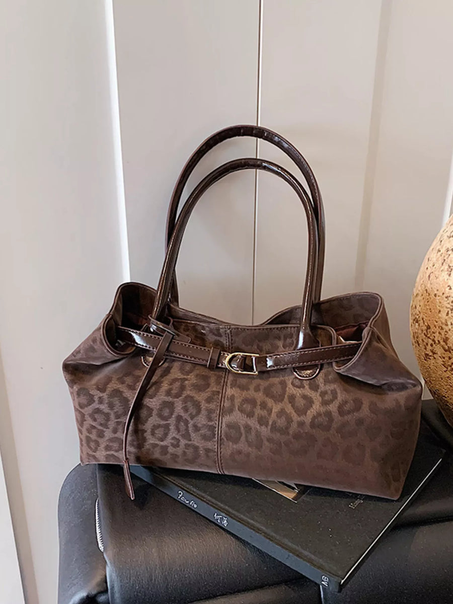 Brown leopard print PU leather shoulder bag with buckle detail