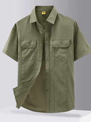 Men's short sleeve button-down shirt in military green with two chest pockets.