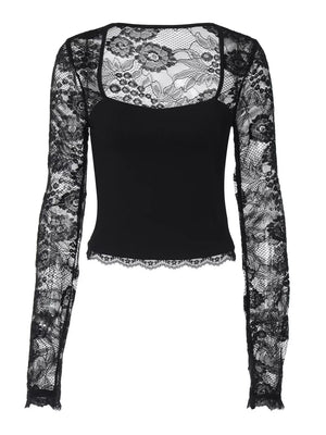 Black lace-embellished square neck t-shirt with long sleeves and scalloped hem.