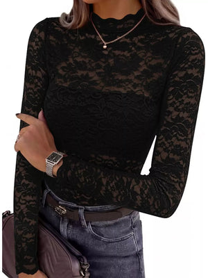 romantic blouse in black with mock neck