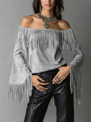 Brown relaxed off-shoulder top with off-shoulder