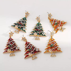 Enchanted Holiday Tree dangle earrings in red, green, and yellow with rhinestone accents.